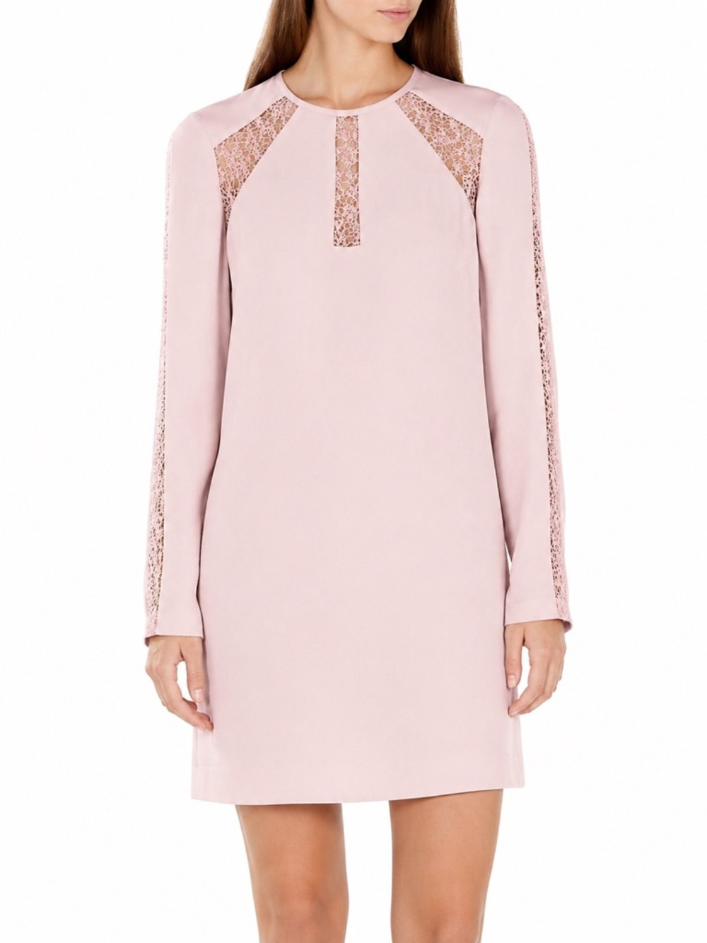 BCBGMAXAZRIA Payten Dress XS Blush Pink Lace Inset Long Sleeve Shift Sheath